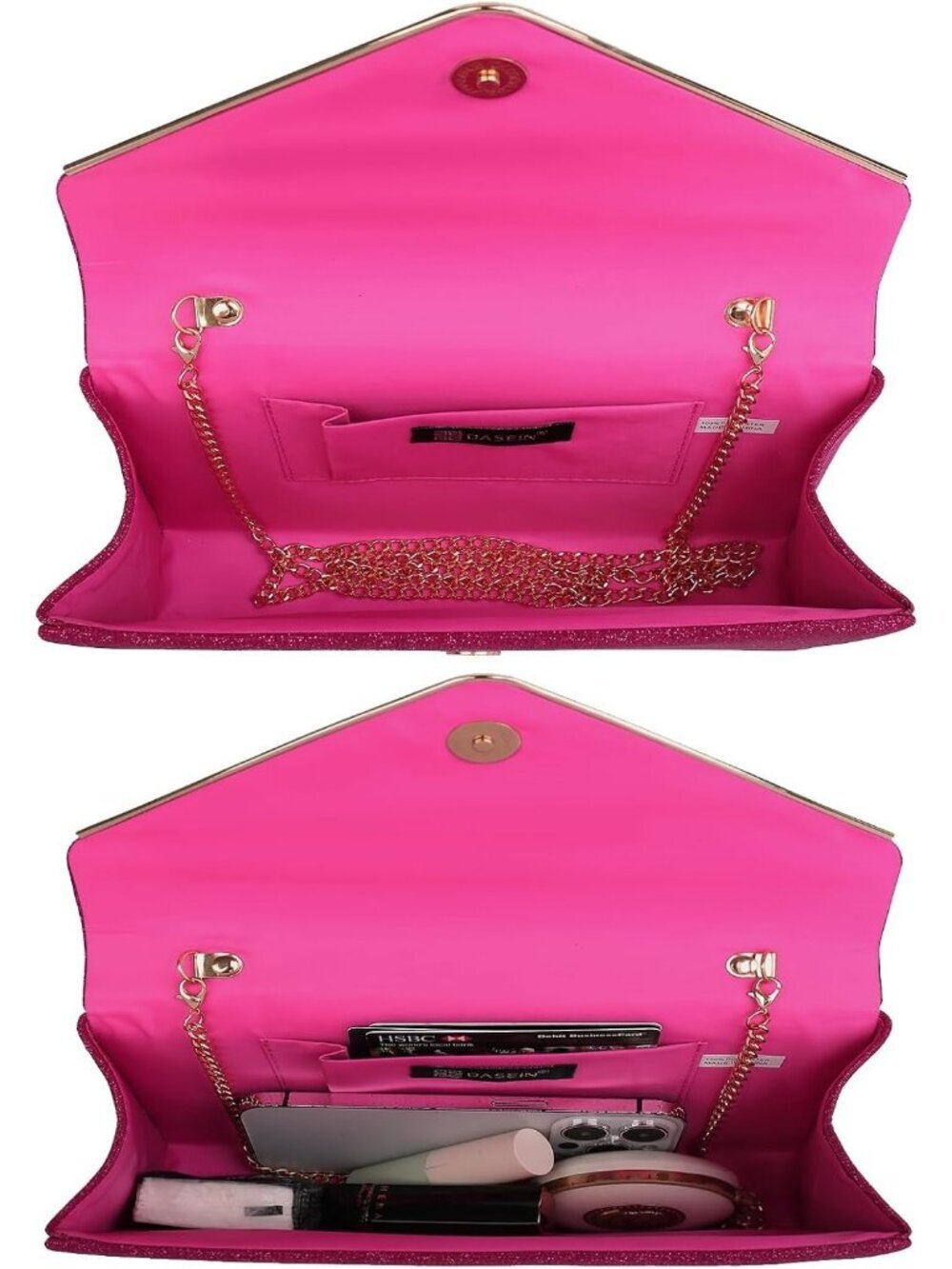 Women's Fuchsia Glitter Clutch With Chain Strap For Wedding Prom Evening Bag - Picture 4 of 6